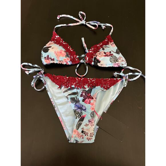 NWT South Beach * Bikini Light Blue Floral Top & Bottom Tie Sz6 - Picture 2 of 14